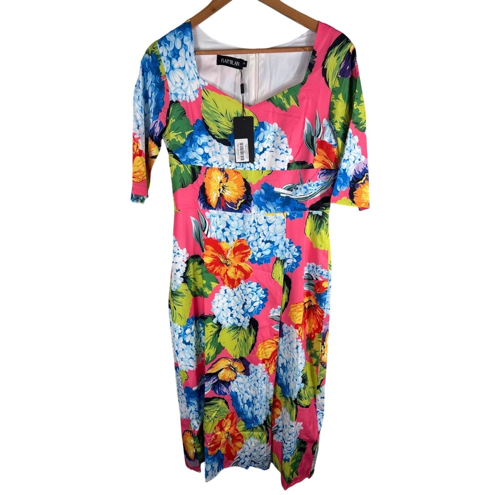Kaimilan Women's Size 8 Pink Floral Print Midi Sweetheart Neckline Sheath Dress